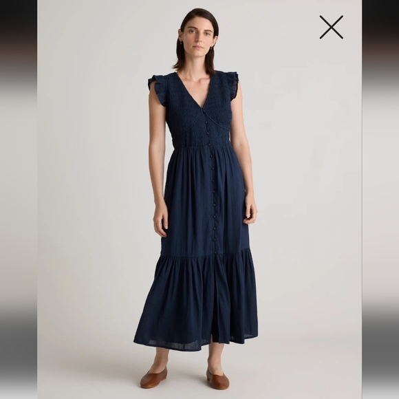 Quince Dresses & Skirts - Quince Navy Organic Textured Cotton Smocked V-Neck Midi Dress